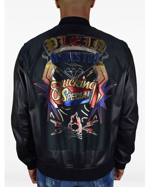 Philipp Plein Black Leather Multicolor Graphic Bomber Jacket for men