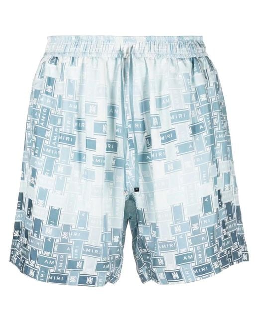 Amiri Blue Pattern-Logo-Printed Silk Shorts for men
