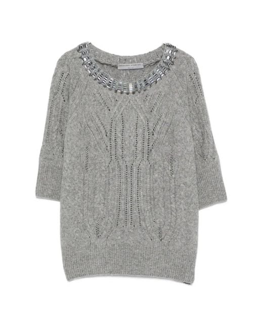 Ermanno Scervino Gray Crystal-Embellished Cable-Knit Cashmere Sweater