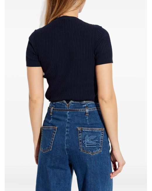 FRAME Blue Ribbed Short-Sleeved Sweater