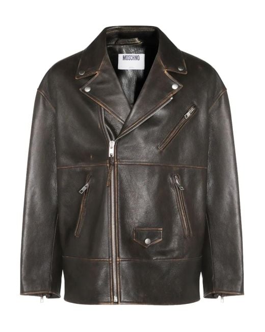 Moschino Black Smiley-Face Studded Leather Jacket for men