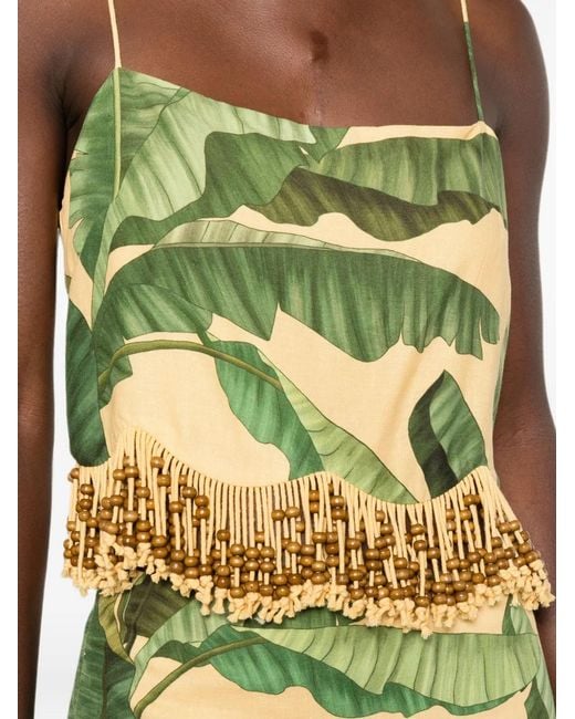 Farm Rio Yellow Beaded-Fringe Leaf-Print Top