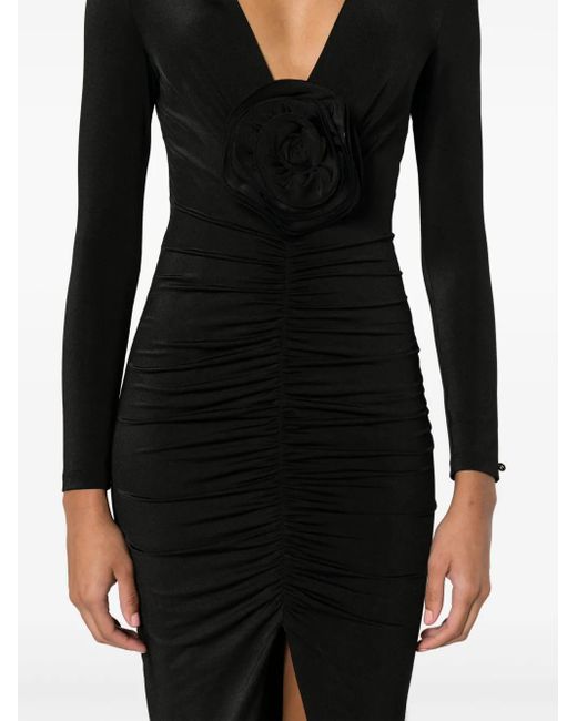 Robe Longue Froncée À Fleur Appliquée Nissa en coloris Black