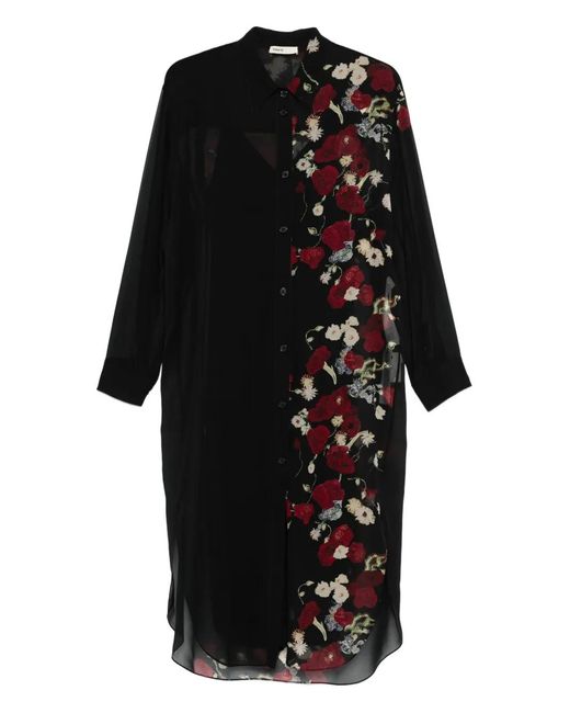 Khaite Black Floral-Print Midi Shirt Dress