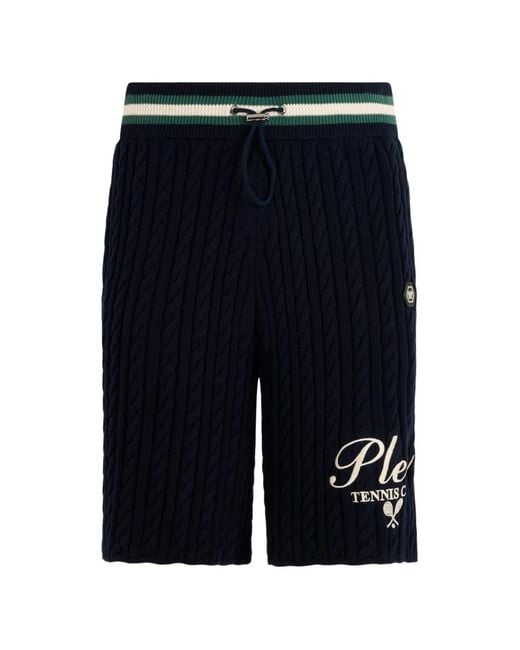 Philipp Plein Blue Knitted Drawstring Shorts Plein Tennis for men
