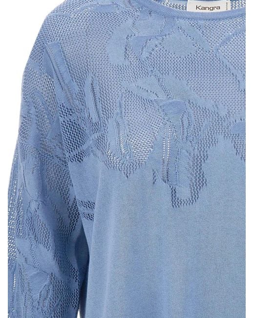 Kangra Blue Openwork-Detail Three-Quarter-Sleeve Sweater