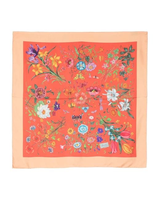 Gucci Orange Floral Print Silk Scarf