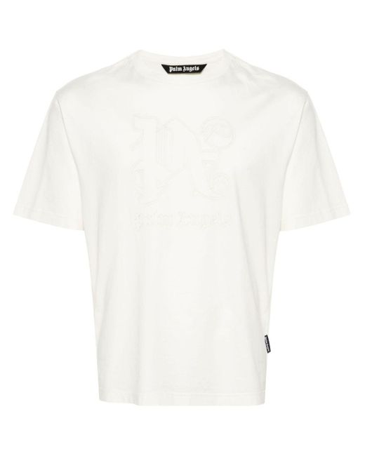 Palm Angels White Monogram-embroidered Cotton T-shirt for men