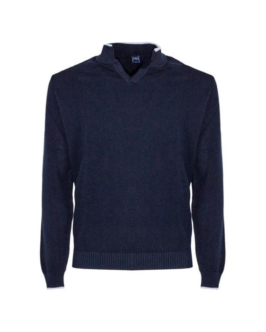 Fedeli Blue Contrast-Trim Waffle-Knit Sweater for men
