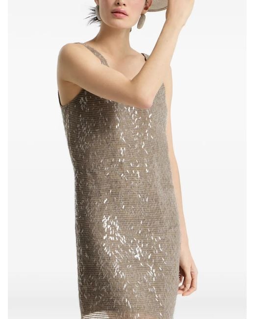 Brunello Cucinelli Brown Embroidery Silk Mini Dress