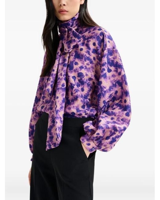 Essentiel Antwerp Purple Abstract-Print Tie-Neck Blouse