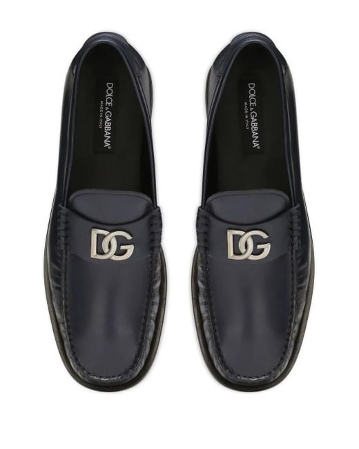 Dolce & Gabbana Blue Logo Detail Leather Loafers for men