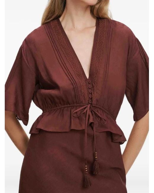 Veronica Beard Red Dominick Ruffled Lace-Trim Midi Dress