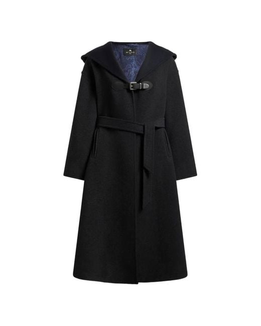 Etro Black Wool-Blend Coat With Hood And Belt