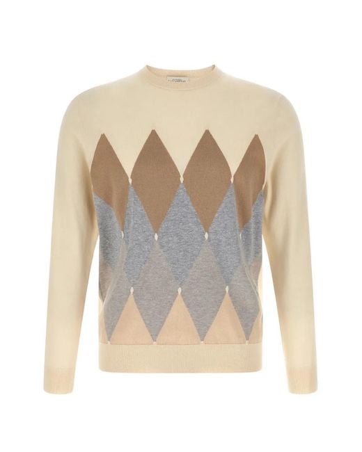 Ballantyne White Argyle-Pattern Crew-Neck Sweater for men