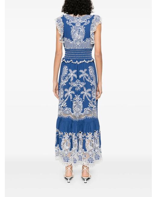 Farm Rio Blue Embroidered Linen-Blend Maxi Dress