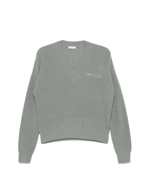 Peserico Gray Ribbed V-Neck Sweater