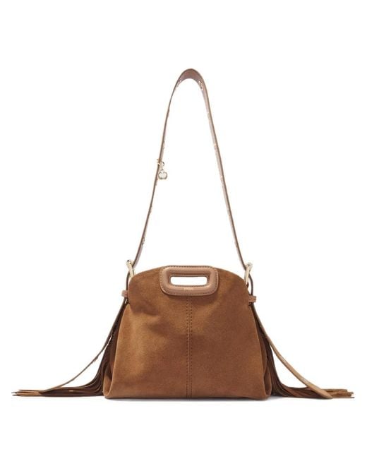 Maje Brown Mini Miss M Fringe-Detail Shoulder Bag