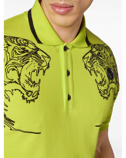 Philipp Plein Green Tiger-print Cotton Polo Shirt for men