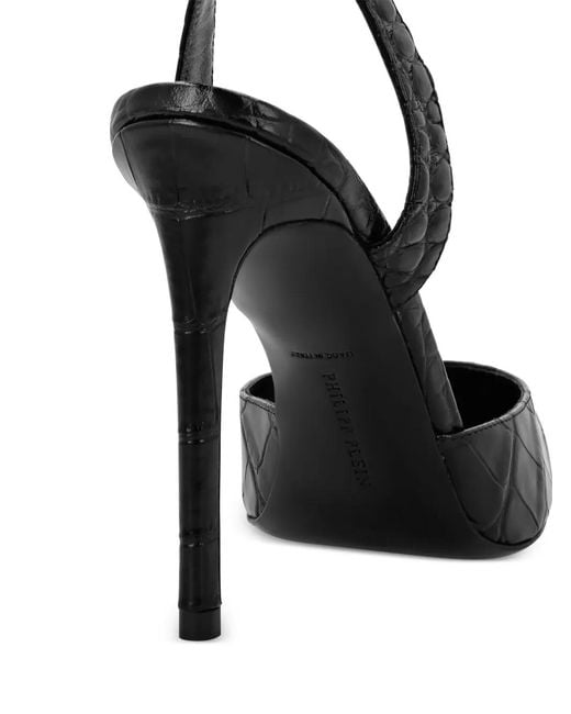 Philipp Plein Black Crocodile Effect Slingback Pumps