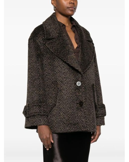 Dondup Black Herringbone-Pattern Button Coat