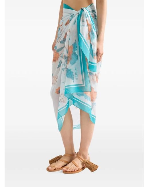 Erdem Blue Floral-Print Cotton Pareo