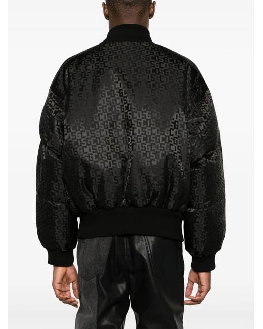 Gcds Black Zip-up Bomber Jacket With Monogram Motif