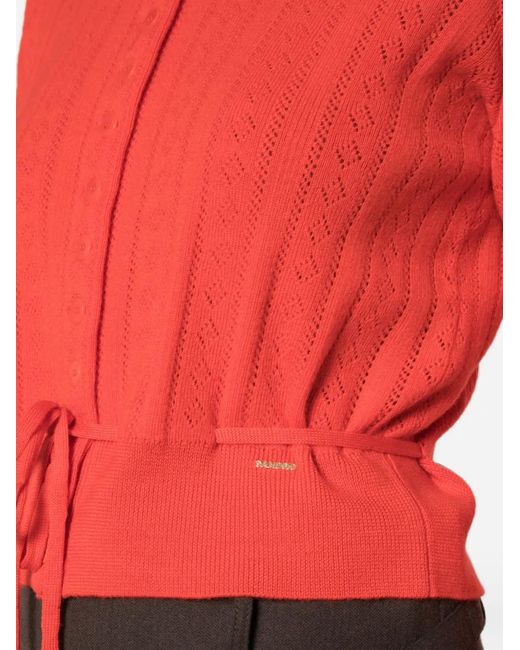 Sandro Red Lotus Pointelle-Knit Tie-Waist Cardigan