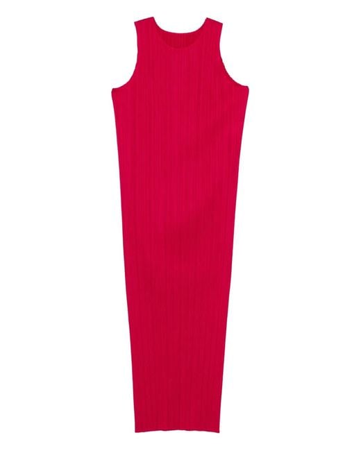 Pleats Please Issey Miyake Red Crew-Neck Midi Dress