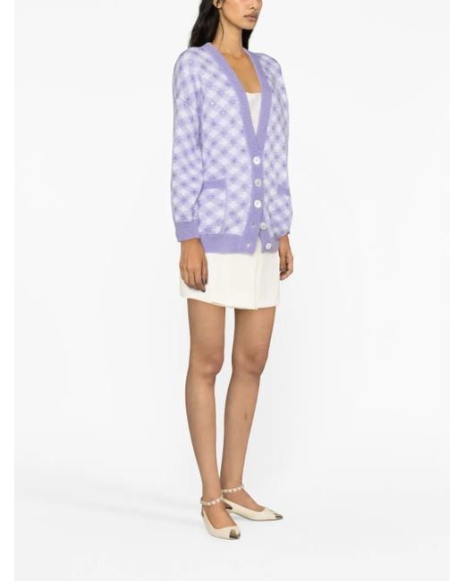 Alessandra Rich Purple Vichy-Intarsia Crystal-Embellished Cardigan