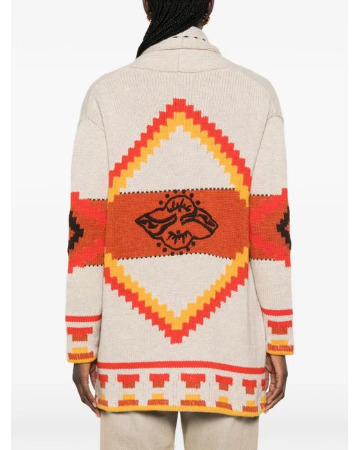 Kujten Orange Intarsia-Knit Shawl-Collar Cardigan
