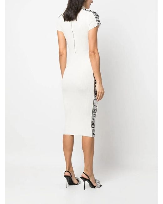Philipp Plein White Rhinestone-Logo Ribbed Wool Midi Dress