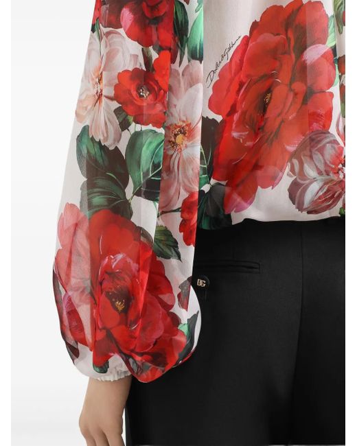 Dolce & Gabbana ローズプリント シフォン ブラウス Red