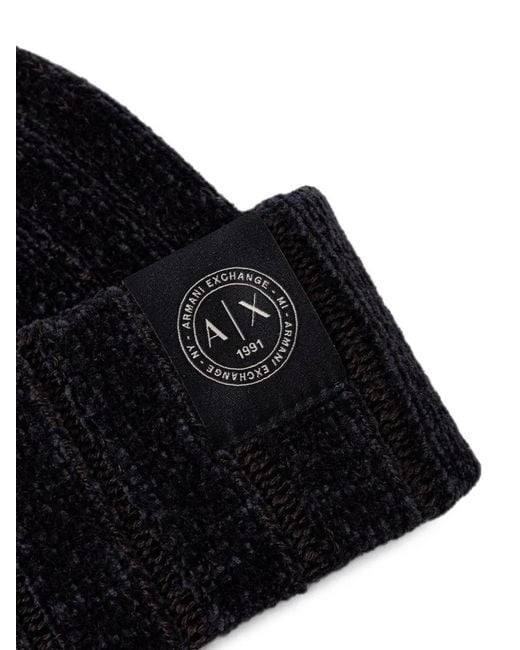 ARMANI EXCHANGE Black Ribbed-Knit Logo-Patch Beanie Hat for men