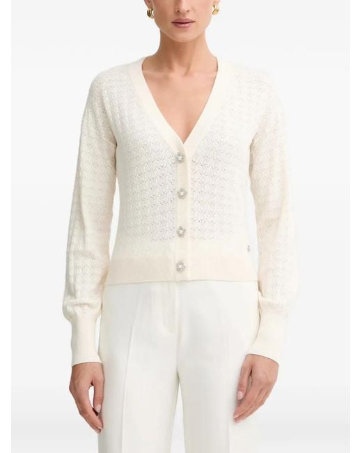 Guess White Flower-Button Pointelle-Knit Cardigan
