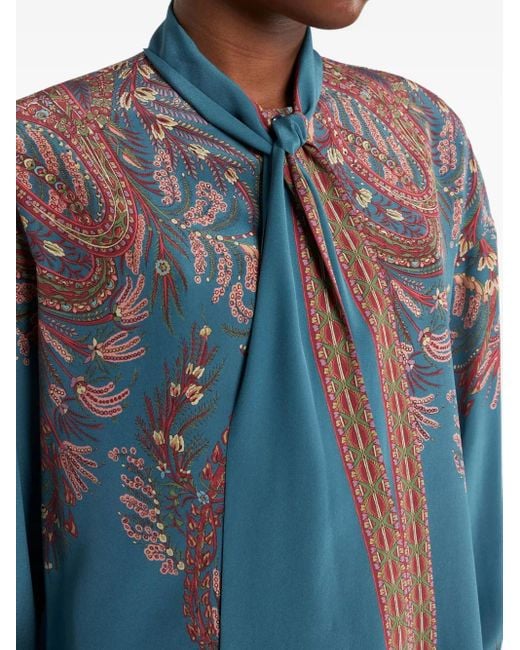 Etro Blouse Met Paisley-Print En Gestrikte Hals in het Blue