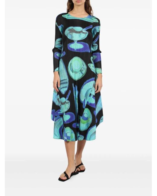 Pleats Please Issey Miyake Blue Abstract-Print Midi Dress