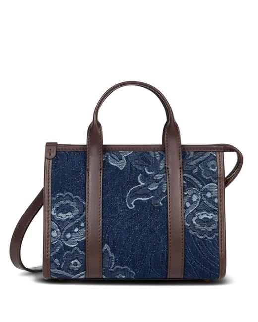 Etro Blue Mini Floral-Jacquard Denim Tote Bag