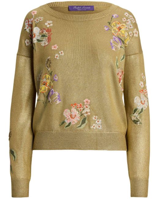 Ralph Lauren Collection Green Floral-embroidered Silk Jumper