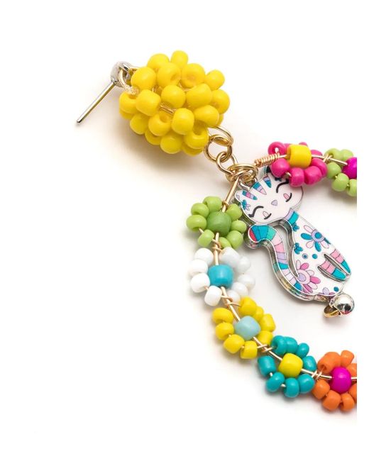 Amir Slama White Flower Cat-Motif Drop Earrings