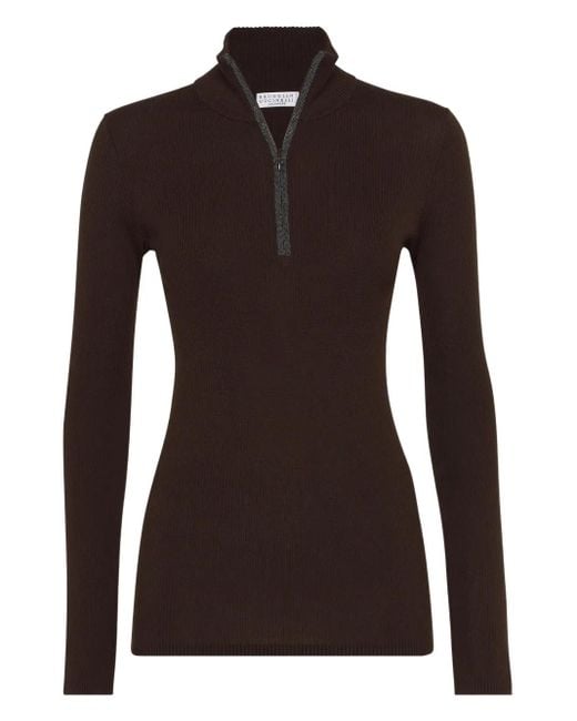Brunello Cucinelli Black Ribbed Zip-Neck Sweater