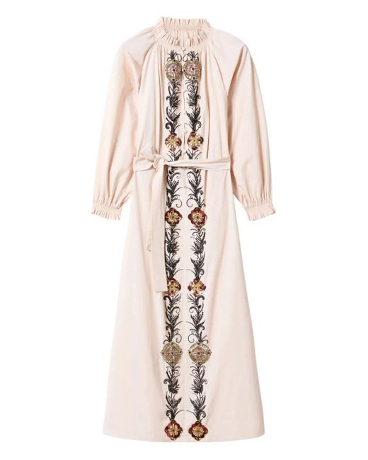 LaDoubleJ Natural Embroidered Ruffle-Trimmed Dress
