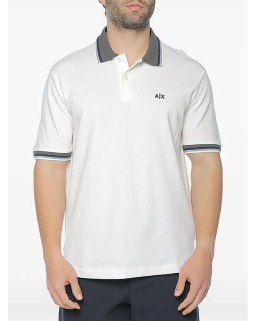 ARMANI EXCHANGE White Logo-Embroidered Striped-Trim Polo Shirt for men