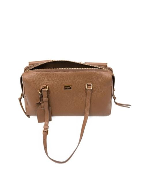 Dolce & Gabbana Brown Logo-Plaque Pebbled-Leather Tote Bag