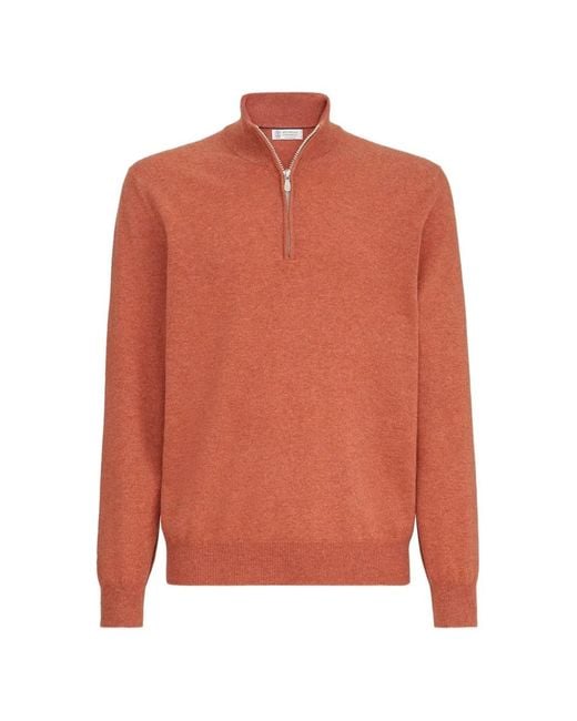 Brunello Cucinelli Orange Cashmere Sweater With Half-Zip for men