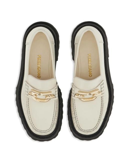 Ferragamo White Gancio Leather Loafers