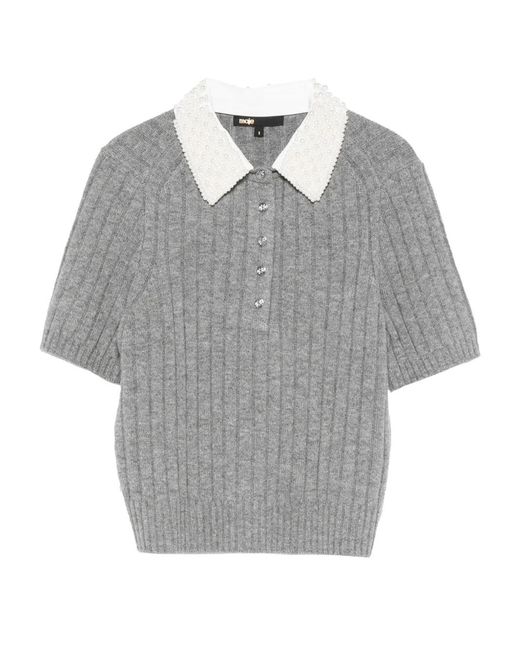 Maje Gray Removable Beaded Collar Sweater