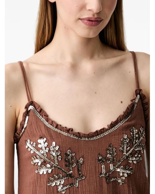 INTROPIA Brown Sequin-Embellished Sleeveless Ruffled Shift Midi Dress