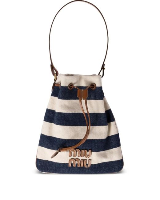 Borsa A Secchiello A Righe di Miu Miu in White