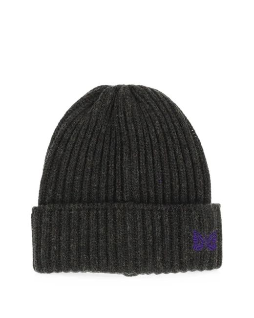 Needles Black Butterfly-Embroidered Wool Beanie Hat for men